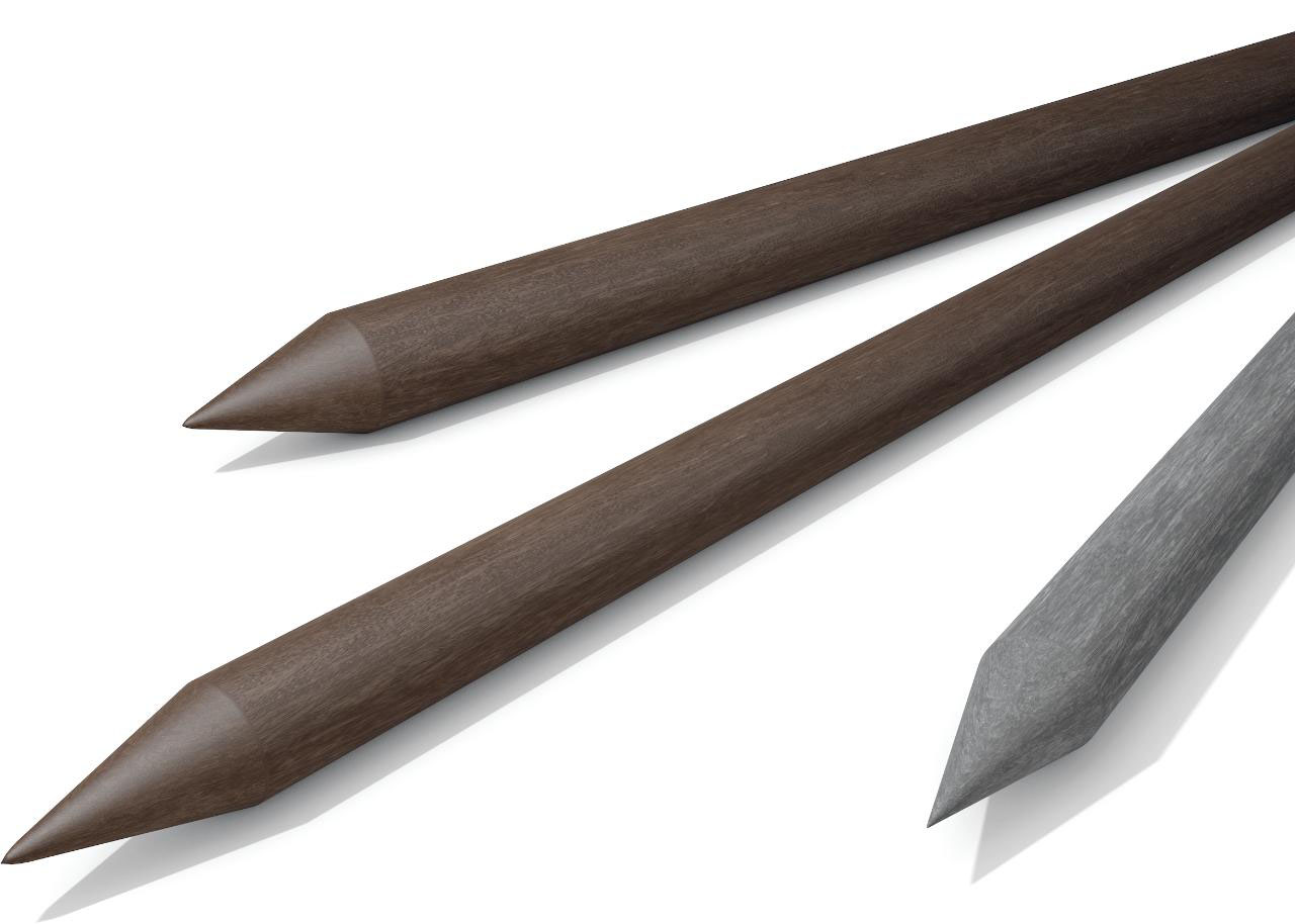 Pointed recycled plastic stakes in brown and grey