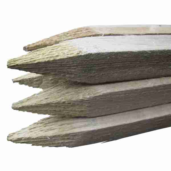 Pointed ends of pressure-treated square timber tree stakes